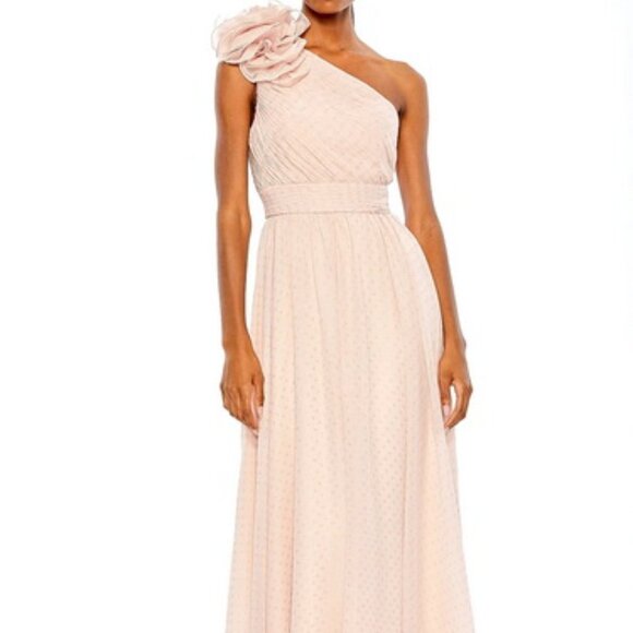 Mac Duggal Porcelain Pink Gold Polka Dot Ruffled One Shoulder Gown